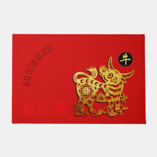 Red Golden Ox Papercut Chinesisches Neujahr 2021 L Fußmatte