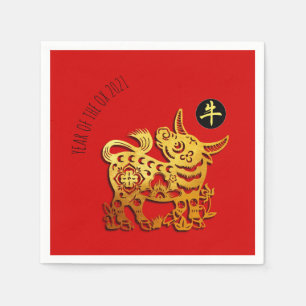 Red Golden Ox Papercut Chinesisches Neujahr 2021 P Serviette