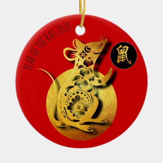 Red Golden Rat Papercut Chinesisches Neujahr 2020  Keramik Ornament (Vorne)