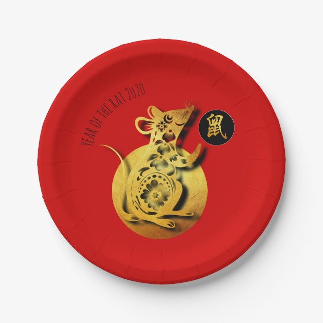 Red Golden Rat Papercut Chinesisches Neujahr 2020  Pappteller (Vorderseite)