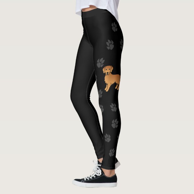 Red Golden Retriever Cartoon Dog & Paws Black Leggings (Links)