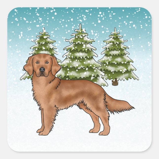 Red Golden Retriever Dog Blue Snowy Weihnachten Quadratischer Aufkleber (Vorderseite)