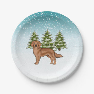 Red Golden Retriever Dog Blue Winter Weihnachten Pappteller