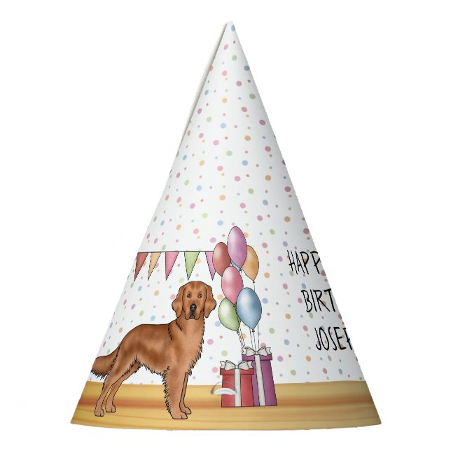 Red Golden Retriever Hund farbenfrohe Happy Birthd Partyhütchen (Links)