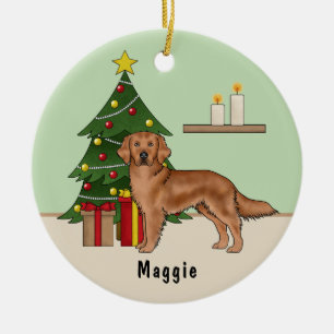 Red Golden Retriever Hund mit Weihnachtsbaum grün Keramik Ornament