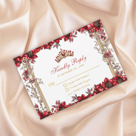 Red Golden Tiara Floral Quinceañera RSVP Karte