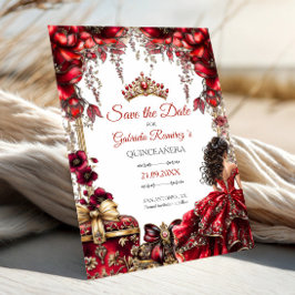 Red Golden Tiara Floral Quinceañera Save The Date