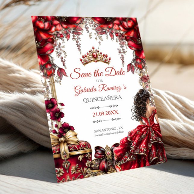 Red Golden Tiara Floral Quinceañera Save The Date (Von Creator hochgeladen)