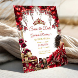 Red Golden Tiara Floral Quinceañera Save The Date