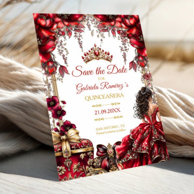 Red Golden Tiara Floral Quinceañera Save The Date (Von Creator hochgeladen)
