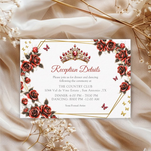 Red Golden Tiara Roses Butterflies Quinceañera Begleitkarte (Von Creator hochgeladen)