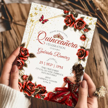 Red Golden Tiara Roses Butterfly Quinceañera