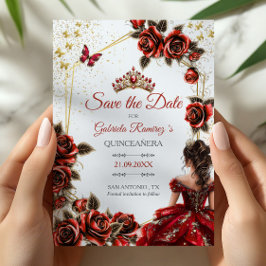 Red Golden Tiara Roses Butterfly Quinceañera Save The Date