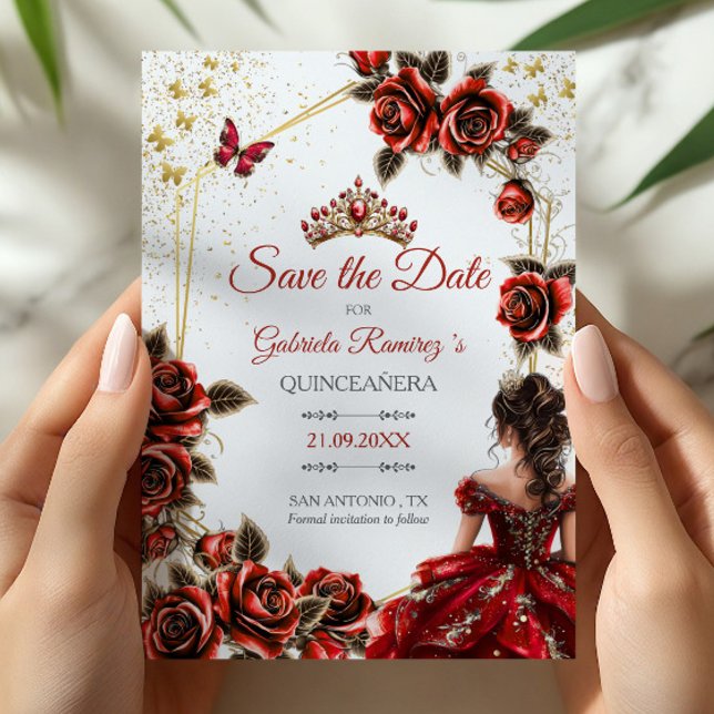 Red Golden Tiara Roses Butterfly Quinceañera Save The Date (Von Creator hochgeladen)