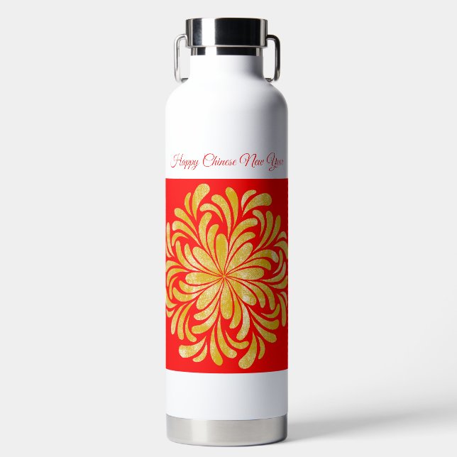 Red Golden Yellow Floral Chinesisch Neues Jahr Cus Trinkflasche (Vorderseite)