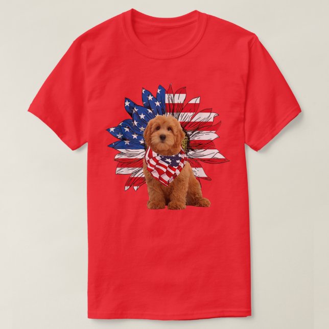 Red Goldendoodle Sunflower American Flag Independe T-Shirt (Design vorne)