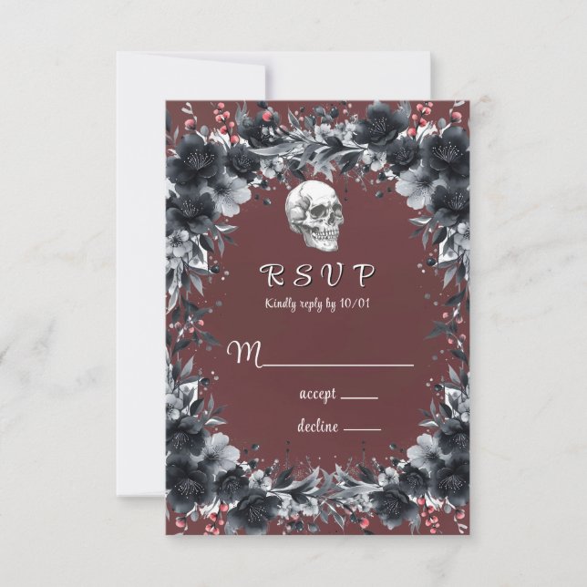Red Gothic Black Floral Skull Wedding RSVP Karte (Vorderseite)