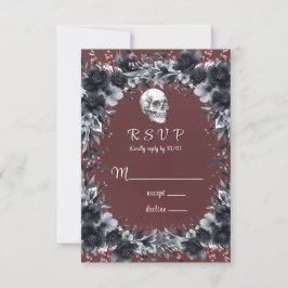 Red Gothic Black Floral Skull Wedding RSVP Karte