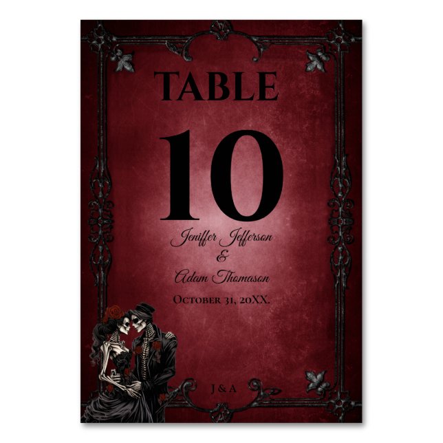 Red Gothic Halloween Alternative Wedding Tischnummer (Vorderseite)