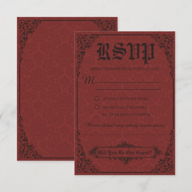 Red Gothic Viktorianisch Damask Wedding RSVP Cards Einladung (Vorne/Hinten)