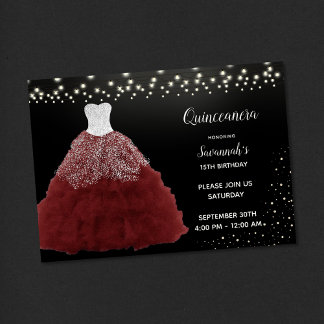 Red Gown String Lights Quinceanera Einladung