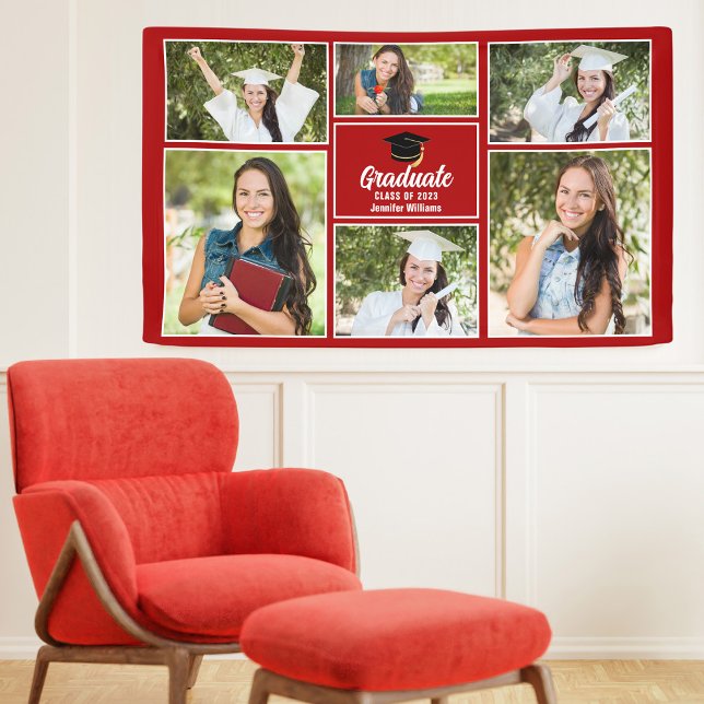 Red Graduate Foto Collage 2025 Graduation Party Banner (Von Creator hochgeladen)