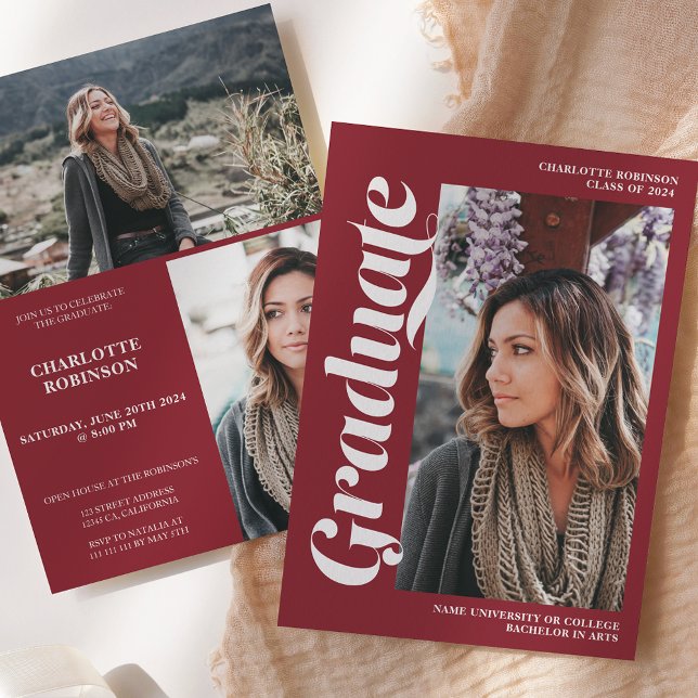 Red graduate script 3 Foto Abschluss Einladung (Red graduate script 3 photo graduation invitation)