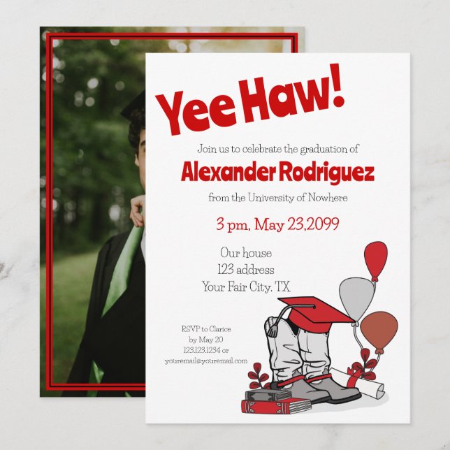 Red Graduation Cap Cowboy Boot Arrangement Einladung (Vorne/Hinten)