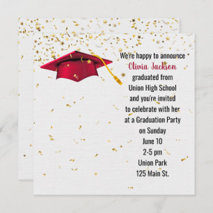 Red Graduation Cap mit Gold Confetti Einladung