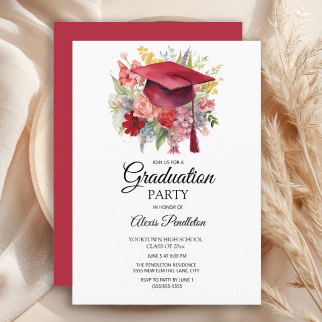 Red Graduation Cap Pink Abschluss Einladung (Red graduation cap party invitation)