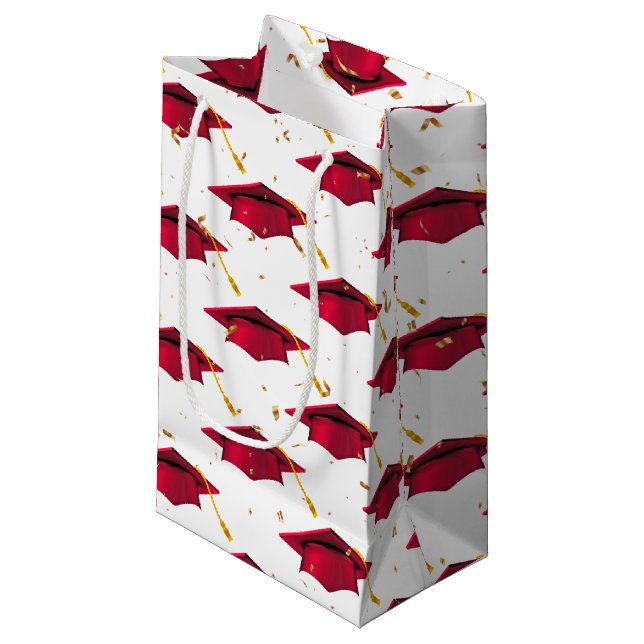 Red Graduation Cap with Confetti Kleine Geschenktüte (Vorderseite Schrägansicht)