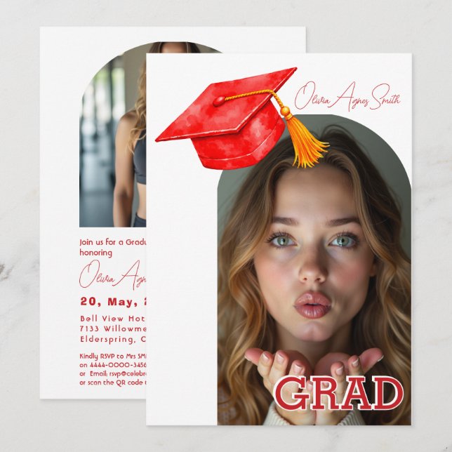 Red Graduation Hat Accent Dual‑Photo QR Code Einladung (Vorne/Hinten)