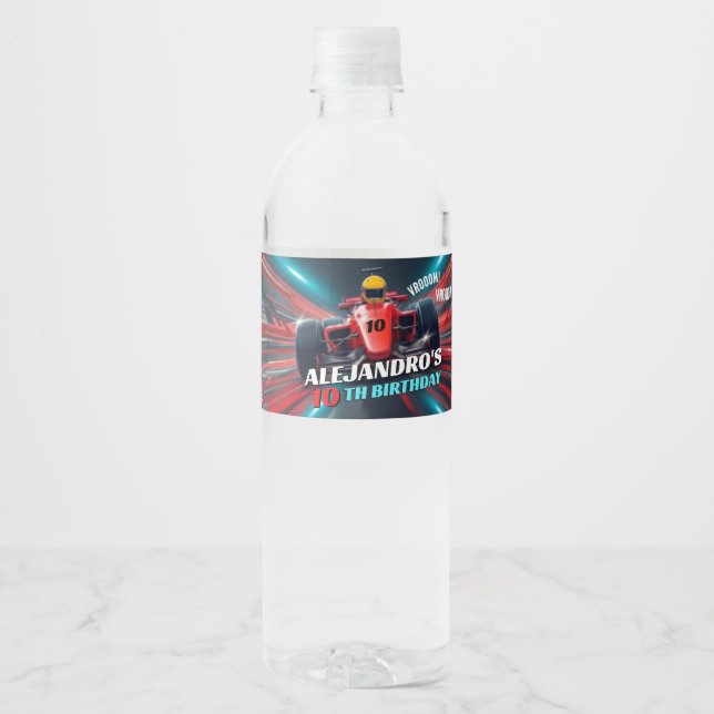Red Grand Prix Racing Car Birthday Wasserflaschenetikett (Vorderseite)