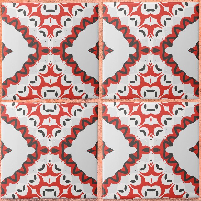 Red Grau Black & White Modern Ethnic Geometric Fliese (Von Creator hochgeladen)
