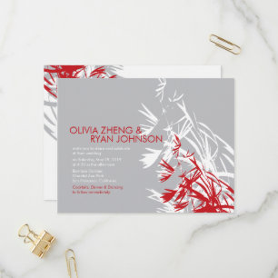 Red & Gray Bamboo Blätter Moderne Zen-Hochzeit in Einladungspostkarte