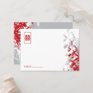 Red & Gray Bamboo Blätter Moderne Zen-Hochzeit in Platzkarte
