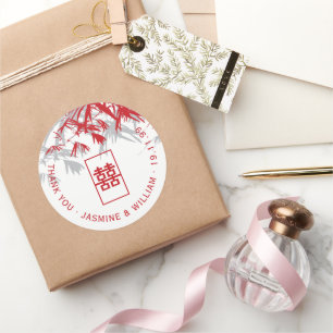 Red & Gray Bamboo Blätter Shuang Xi Chinese Weddin Runder Aufkleber