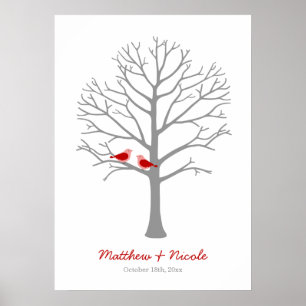 Red Gray Birds Fingerprint Tree Wedding Poster