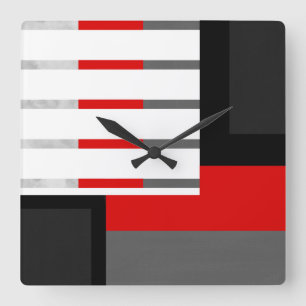 Red Gray Black and White Striped Block Quadratische Wanduhr