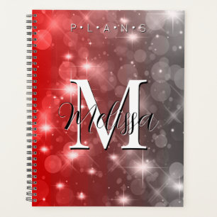 Red & Gray Bokeh Modern Monogram Sparkle Planner Planer