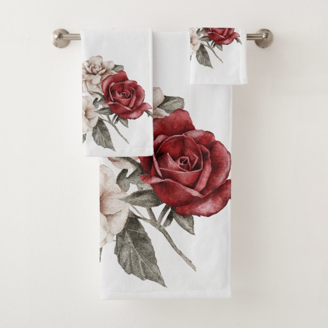 Red Gray & Cream Boho Blume Bouquet Badhandtuch Set (Insitu)