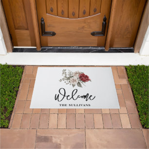 Red Gray & Cream Boho Blume Bouquet Fußmatte