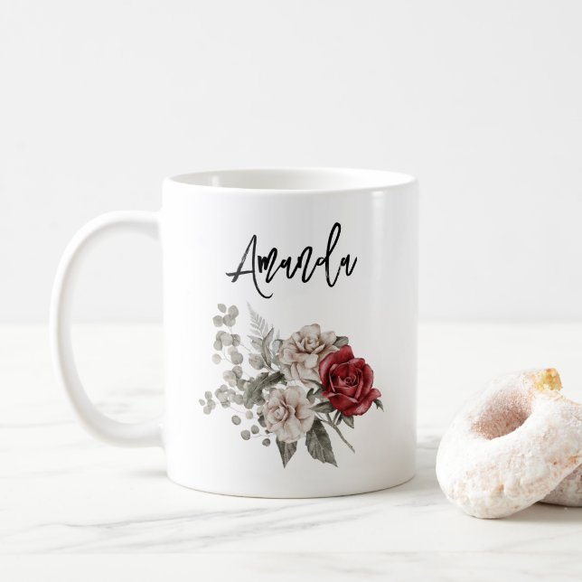 Red Gray & Cream Boho Blume Bouquet Kaffeetasse (Mit Donut)