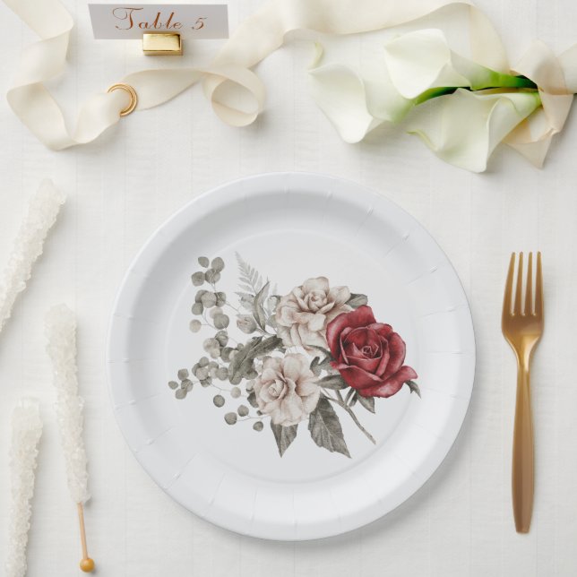 Red Gray & Cream Boho Blume Bouquet Pappteller (Hochzeit)