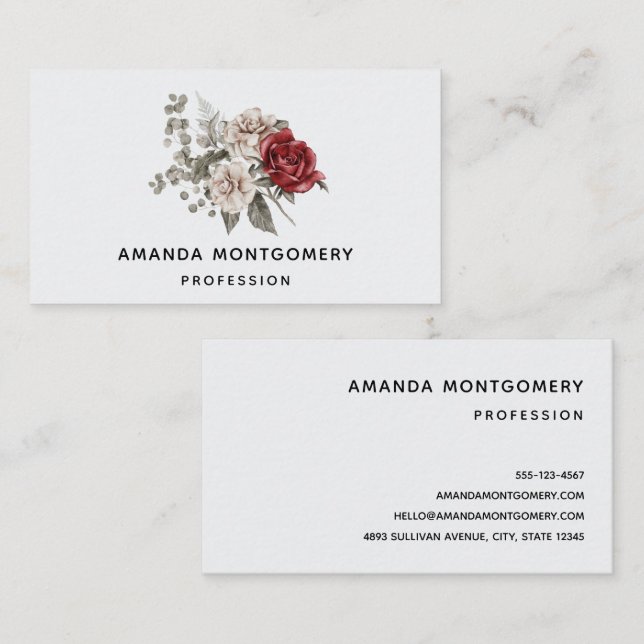 Red Gray & Cream Boho Blume Bouquet Visitenkarte (Vorne/Hinten)
