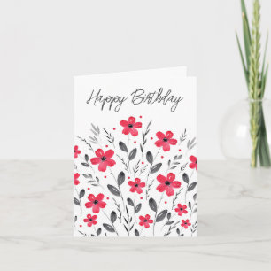 Red Gray Five Petal Watercolor Floral Motif Karte