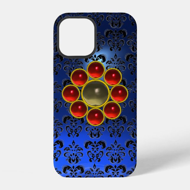 RED GRAY GEMSTONE MON Bright Blue Damask iPhone Hülle (Rückseite)
