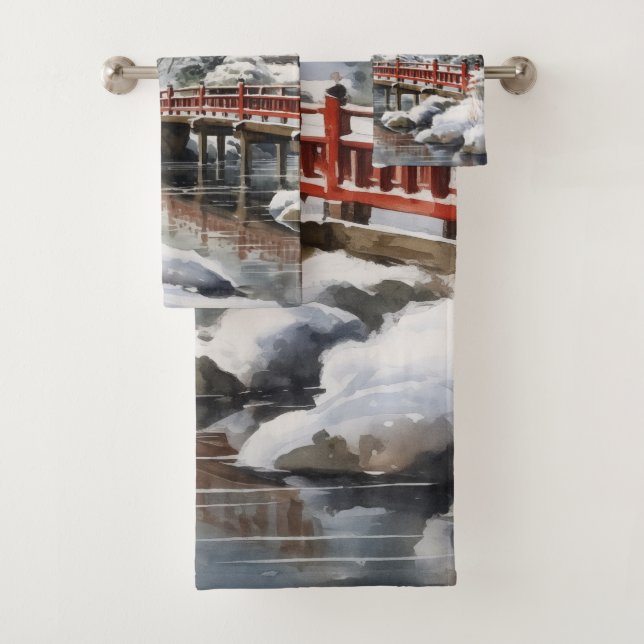 Red Gray Japanisch Pagoda Soribashi Winter Badhandtuch Set (Insitu)