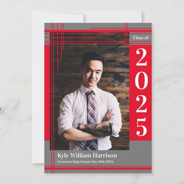 Red Gray School Colour Abschluss Foto Kariert Einladung (Vorderseite)