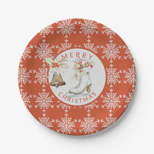Red Gray Snowflakes Weihnachten Ice Skate Party Pappteller (Vorderseite)